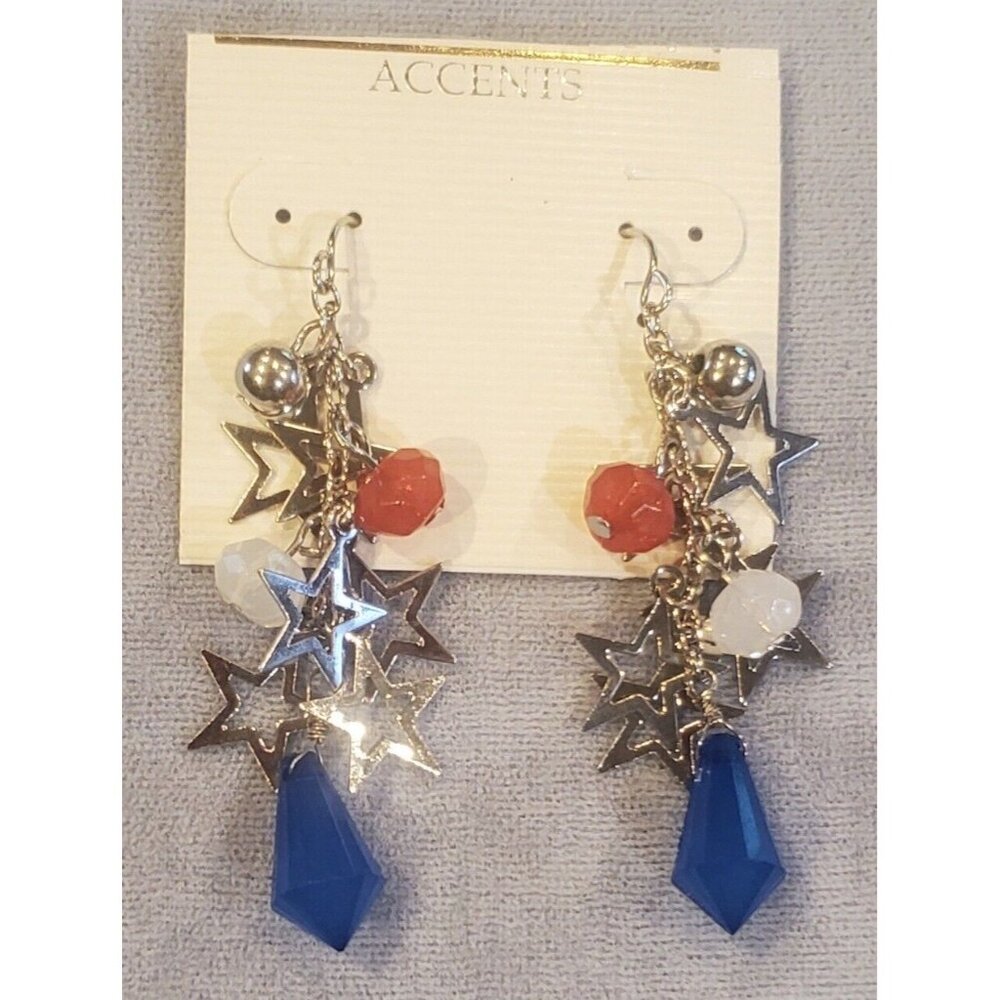 Patriotic Red White Blue Star Dangle Earrings Silver Tone 2.5 Inch￼ drop NEW